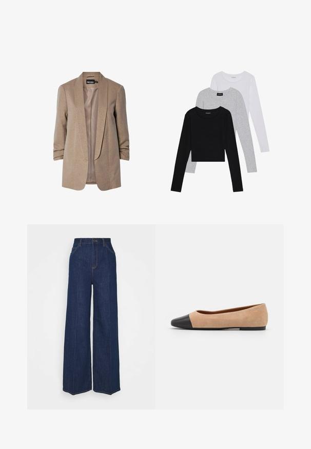 Beige blazer med en subtil glans, strukturerte slag og oppbrettede ermer. Innvendig har den en glatt fôr. Merkets etikett er synlig.; Tre lange ermer t-skjorter stablet: svart, grå og hvit. Hver har en rund hals og et kort design med glatt, lett stoff.; Høyt liv vidbukse i mørk blå denim med front- og baklommer, knappelukking, og synlige sømdetaljer.; Beige semsket ballettsko med svart lær rund tåhette, lav hæl og glatt tekstur, med minimal søm og et rent design.