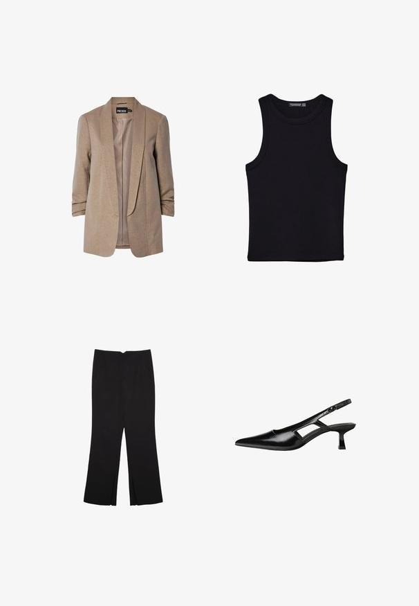 Beige blazer med en subtil glans, strukturerede klapper og oprullede ærmer. Indvendigt har den et glat for. Brandlabel synlig.; Sort tank top lavet af bomuld, med rund halsudskæring og brede armhuller. Glat tekstur med syede kanter. Klassisk, minimalistisk design.; Sorte bukser med lige pasform, der har frontlommer og slidser i kanten. Lavet af blødt, glat stof. Velegnet til forskellige anledninger.; Sorte patentlæder slingback hæle med spids tå, udskåret sideskærm og en lille firkantet hæl. Glat tekstur med minimale detaljer.