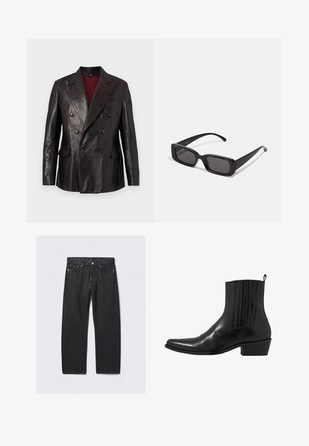 GCDS DOUBLE BREASTED - Leather jacket - bordeaux; Black long-sleeve shirt made of smooth fabric, featuring a button-down front, collar, and subtle embroidered logo on the chest.; Black denim jeans with a straight-leg cut, featuring a button fly, five pockets, and copper-toned hardware accents. Smooth texture.; Black leather ankle boot with a pointed toe, elastic side panels, vertical stitching accents, and a low block heel.; Black rectangular sunglasses with dark lenses, glossy finish, wide arms, and a chunky frame design. Engraved brand name on one arm.