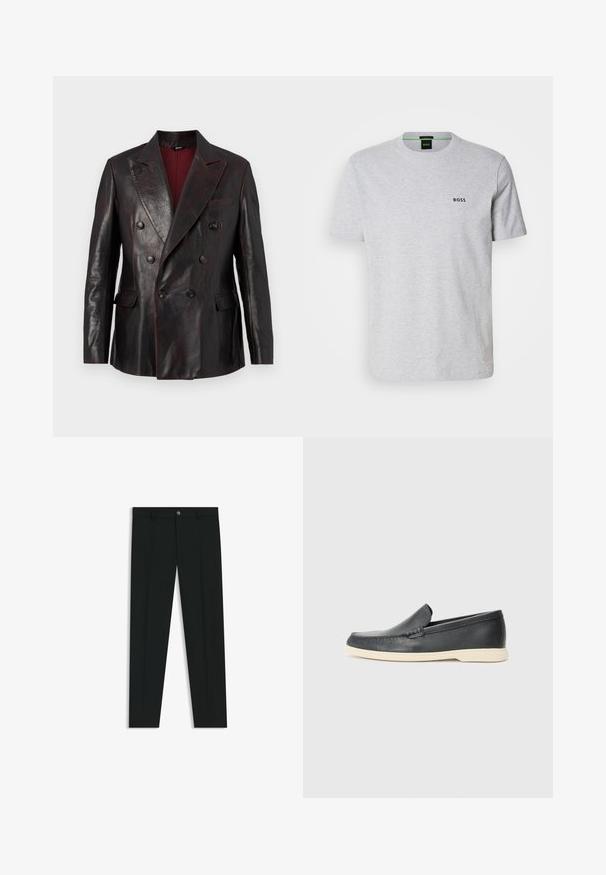 GCDS DOUBLE BREASTED - Veste en cuir - bordeaux; T-shirt en coton gris avec un col rond, des manches courtes et un petit logo noir "BOSS" sur la poitrine. Texture lisse, design décontracté.; Pantalons noirs avec une coupe droite, fabriqués en tissu lisse. Présente une fermeture éclair à l'avant et des passants de ceinture. Unis sans motifs.; Mocassins noirs en cuir à enfiler avec une finition texturée et une semelle en caoutchouc beige contrastante. Présente un accent subtil sur le devant.