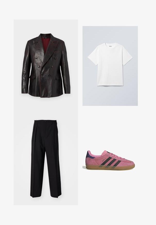GCDS DOUBLE BREASTED - Leather jacket - bordeaux; White cotton t-shirt with a crew neck, short sleeves, and a relaxed fit. Features a brand label reading "WEEKDAY" on the neckline.; Black pleated trousers with a straight, wide-leg design. Made from smooth fabric, featuring a button closure and belt loops.; Pink suede sneaker with black stripes, gum sole, and textured purple heel. Features a lace-up design and embossed branding on the side.