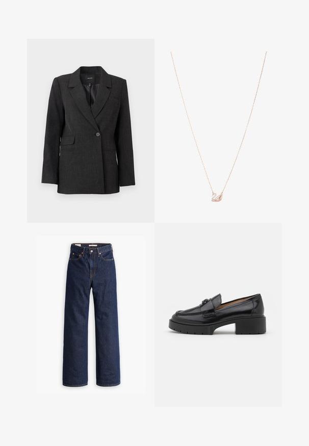 Czarnoszary blazer z jedynym guzikiem, klapami, długimi rękawami, kieszeniami na klapach i gładką podszewką.; Jasnoniebieska bluzka wykonana z błyszczącego materiału, z klasycznym kołnierzykiem, zapięciem na guziki, bufkami oraz warstwowym, falbaniastym dołem.; Granatowe dżinsy o prostym kroju z pięcioma kieszeniami, pomarańczowym przeszyciem i zapięciem na guzik.; Czarne skórzane mokasyny z niskim obcasem, zaokrąglonym czubkiem, dekoracyjnym paskiem i teksturowanym szyciem na cholewce. Gładkie wykończenie.; Naszyjnik w kolorze różowego złota z zawieszką w kształcie łabędzia, zdobiony przezroczystymi kryształami. Łańcuszek ma delikatny wzór ogniw.