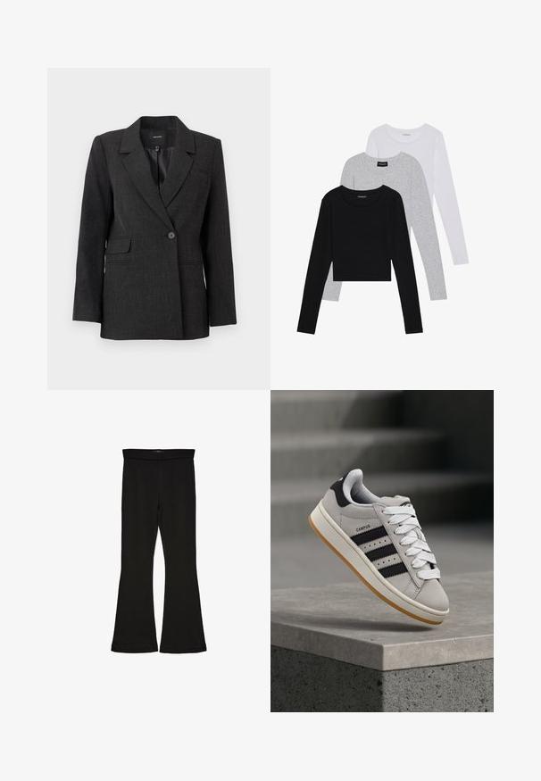 Tamnosivi sako s jednim dugmetom, sa urezanim reverima, dugim rukavima, džepovima s preklopom i glatkom unutarnjom podlogom.; Tri dugih rukava posložena: crna, siva i bijela. Svaka ima okrugli izrez i skrateni kroj s glatkom, laganom tkaninom.; Crne hlače na tregere od rastezljivog materijala. Imaju širok pojas i glatku teksturu, s uskim krojem koji se širi na rubu.; Siva Adidas Campus tenisica s crnim prugama i bijelim vezicama lebdi iznad betonskog ruba s ljestvama u pozadini.