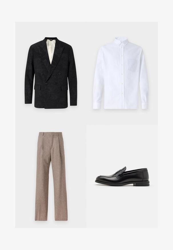 Black double-breasted blazer featuring textured fabric with subtle patterns, notched lapels, and two front pockets. Lined interior.; White long-sleeve button-up shirt made of cotton, featuring a chest pocket with tonal embroidery, a collar, and button cuffs.; Brown, high-waisted trousers made of textured fabric. Features wide legs and two front pleats for structure. Neat finish with no visible hardware.; Black leather loafers with a smooth texture, rounded toe, and a decorative strap across the vamp. Low stacked heel, minimalist design.