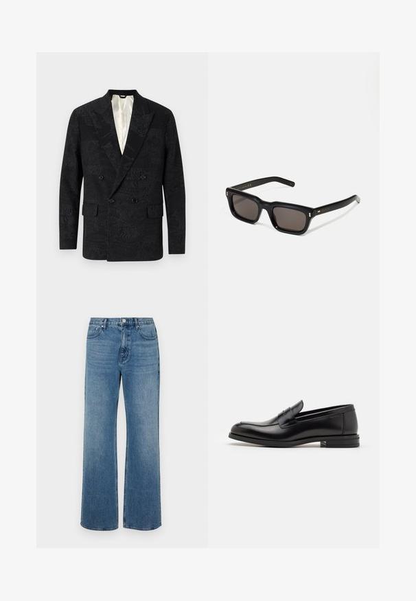 Fekete, dupla gombos blézer, amely texturált anyagból készült, finom mintázattal, szélesített hajtókákkal és két elülső zsebbel rendelkezik. Bélelt belső.; Fekete, rövid ujjú pamut póló, kerek nyakú és laza szabású. Simaság jellemzi, minimális varrási részletekkel.; Széles lábú, koptatott kék farmernadrág. Öt zsebből, elülső gombos záródásból és egyenes szabásból áll.; Fekete bőr loaferek sima textúrával, kerek orral és dekoratív pánttal a vampnál. Alacsony, rétegelt sarkú, minimalista dizájn.; Fekete téglalap alakú napszemüveg sötét lencsékkel, vastag műanyag keret, arany díszítések a szárakon, és a márka logója gravírozva a szára.; Fekete vászontáska fekete bőr füllel. Egyszerű dizájn, tágas test és sima textúra. Nincsenek látható logók vagy minták.