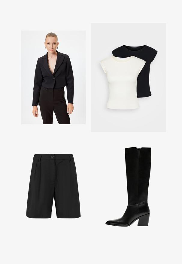 Czarna krótka marynarka z głębokim dekoltem w serek, z pojedynczym zapięciem na guzik oraz długimi rękawami. Gładka faktura materiału i minimalistyczny design.; Dwa dopasowane T-shirty: jeden w kolorze kremowym, a drugi czarnym. Wykonane z miękkiej, fakturowanej bawełny, z krótkimi rękawami i okrągłym dekoltem.; Czarne szorty o dopasowanym kroju, z plisami z przodu, gładkim przodem oraz pojedynczym zapięciem na guzik. Gładka struktura tkaniny.; Czarne kozaki do kolan wykonane z gładkiej skóry, z ostro zakończonym noskiem, blokowym obcasem i wycięciem w kształcie litery V na górze.
