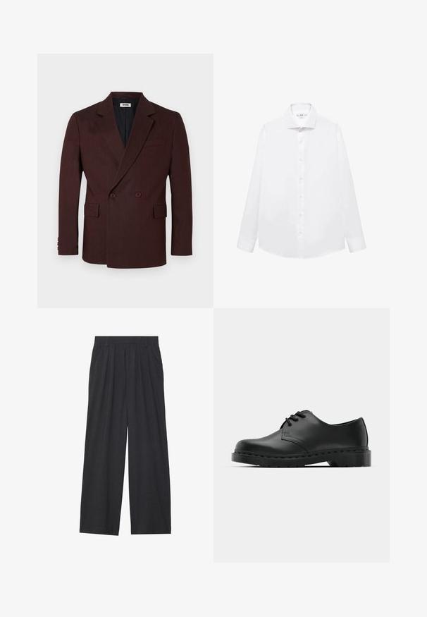 Burgundy double-breasted blazer with notched lapels, two front pockets, and button accents. Textured fabric, tailored fit. Black lining.; White long-sleeve dress shirt made from smooth cotton, featuring a pointed collar, front button closure, and straight-cut hem.; Wide-leg trousers made of dark gray fabric. Features pleats at the waist, a tailored design, and a straight silhouette.; Black leather oxford shoe with lace-up design, rounded toe, flat rubber sole, and subtle stitching detail along the upper.