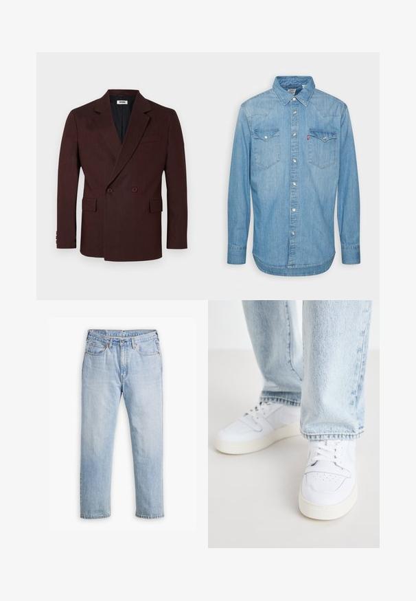 Bordeaux dubbelzijdig colbert met notch-revers, twee voorzakken en knoopaccenten. Gerekt stof, getailleerde pasvorm. Zwarte voering.; Lichtblauw denim shirt met lange mouwen, puntige kraag en twee borstzakken. Voorzien van knoopsluiting en een afgeronde zoom.; Lichtblauwe denim jeans met een recht model, vijf zakken en contrasterende stiksels. Knopen- en ritssluiting bij de taille.; Witte leren lage sneakers met geperforeerde neus, platte veters en een minimalistisch ontwerp. Gecombineerd met lichtblauwe denim jeans.