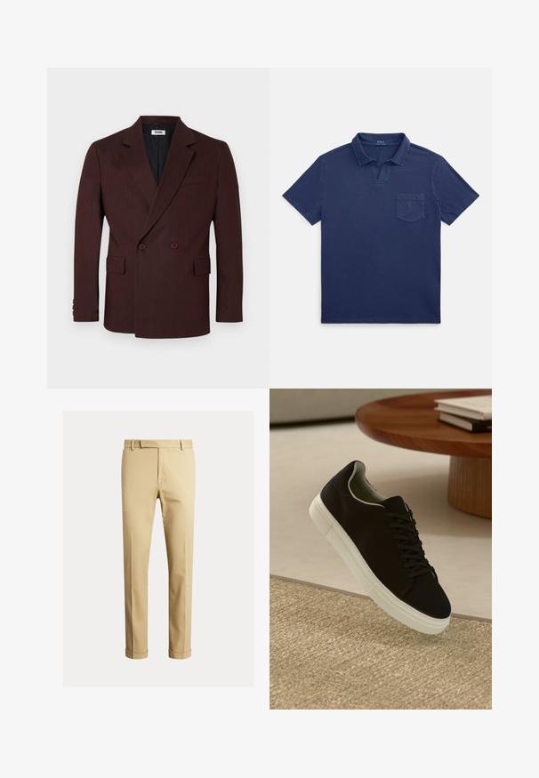 Bordeaux dubbelzijdig colbert met notch-revers, twee voorzakken en knoopaccenten. Gerekt stof, getailleerde pasvorm. Zwarte voering.; Donkerblauw poloshirt van katoen, met een omgeslagen kraag, korte mouwen en een borstzakje met een klein logodetail.; Khaki chinos van soepele katoenstof, met een slank ontwerp, voorplooien en boorden bij de enkel voor een taps toelopende uitstraling.; Zwarte sneaker met witte zool die boven een beige gestructureerd tapijt zweeft, nabij een ronde houten tafel met gestapelde boeken.