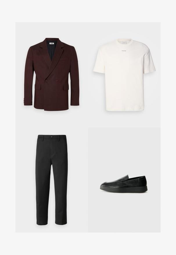 Blazer bordeaux doppiopetto con rever a punta, due tasche frontali e dettagli con bottoni. Tessuto texture, vestibilità su misura. Fodera nera.; T-shirt bianca in cotone con scollo rotondo, maniche corte e logo ricamato "Calvin Klein" al centro del petto. Design semplice.; Pantaloni neri a gamba dritta, realizzati in tessuto liscio. Presentano una chiusura con bottone e passanti per cintura. Nessun motivo o dettaglio visibile.; Calvin Klein HYBRID CUP - Scarpe senza lacci - triple black