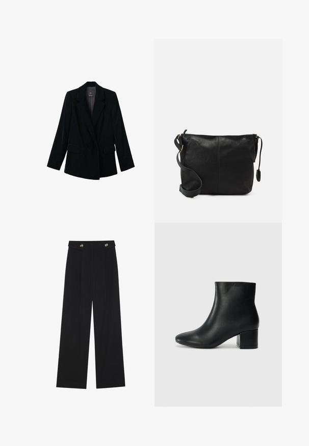 Čierny sametový blejzer s jedným gombíkom, s výkrojovými klopami, dvoma prednými pútavými vreckami a dlhými rukávmi, zobrazený na bielom pozadí.; Biele tričko s krátkymi rukávmi vyrobené z jemnej bavlny. Má okrúhly výstrih a voľný strih. Čistý dizajn bez viditeľných vzorov alebo akcentov.; Čierne široké nohavice s vysokým pásom, so zapínaním na gombíky na páse a prednými sklady.; Čierne kožené členkové čižmy s špicatou špičkou a hrubým podpätkom. Hladká textúra s minimálnymi akcentmi a elegantným, priliehavým dizajnom.; Čierna kožená crossbody taška s plochým tvarom, zlatými kovovými akcentmi a nastaviteľným popruhom. Hladký povrch s minimálnymi švíkmi.