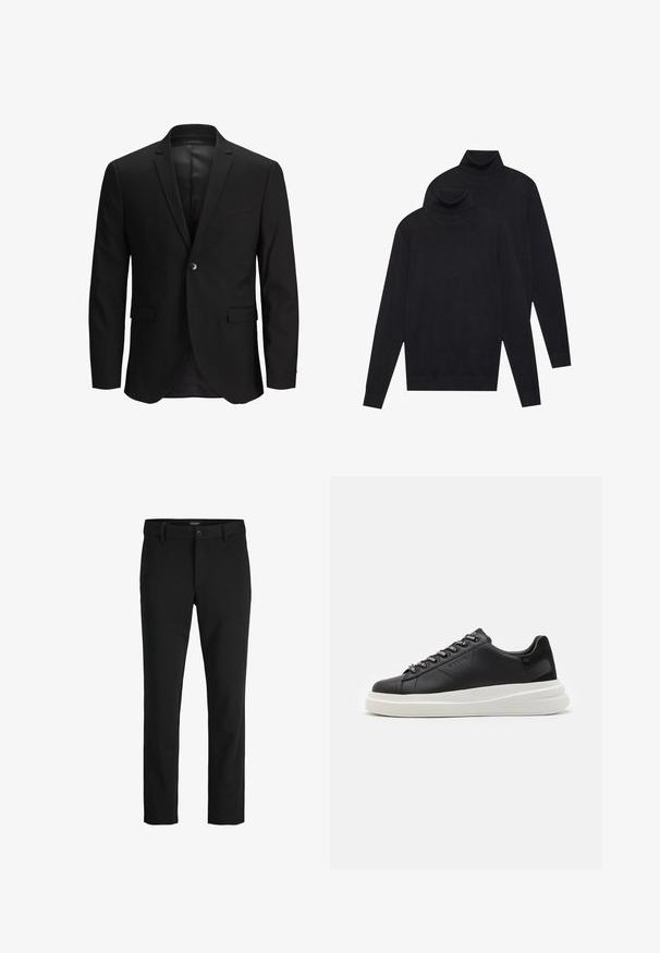 Črn suknjič z enim gumbom, oprijet kroj, zarezni ovratniki in dvema sprednjima žepoma. Gladko blago z urejenim, formalnim dizajnom.; Dva črna dolgi rokavi puloverja s turtleneck ovratnikom, enostavna pletenina, zložen eden nekoliko za drugim na belem ozadju.; Črne hlače iz gladkega blaga, s klasičnim dizajnom, ravnim krojem, sprednjim gumbom za zapiranje in stranskimi žepi.; Črne usnjene teniske z belim gumijastim podplatom, ki imajo ravne vezalke in blagovno znamko na ošitih luknjah. Mehka tekstura s kontrastnim stranskim poudarkom.