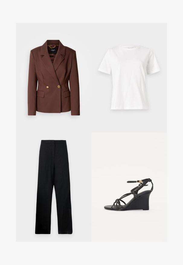 Rjav dvojniki blazer z dvema zlatima gumboma, zarezano ovratnikom in stranskimi žepi. Narejen iz gladkega materiala z strukturiranim fitom.; Bela bombažna majica s kratkimi rokavi, okroglo izrezana in ohlapnega kroja. Gladka tekstura, brez vzorcev ali dodatkov, minimalističen dizajn.; Črne hlače širokega kroja, izdelane iz lahkega materiala. Imajo gladko teksturo, visok pas in minimalne šive.; Črne wedges sandale z tankimi prepletenimi trakovi in nastavljivim gležnjskim trakom z zlatim zaponko. Gladek usnjen videz.