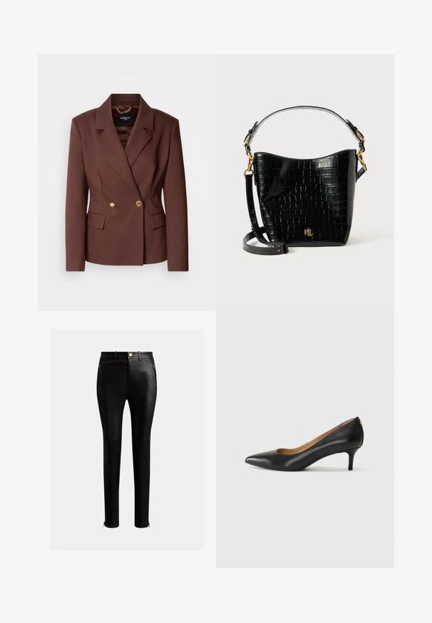 Brown double-breasted blazer with two gold buttons, notched lapels, and side pockets. Made from smooth fabric with a structured fit.; Black cotton t-shirt with short sleeves featuring gold embroidered "LRL" text on the front. Round neckline, relaxed fit, smooth texture.; Black, tight-fitting pants made of sleek leather. Features zippered side pockets and contrasting gold hardware accents at the ankles.; Black leather pump with a pointed toe, low heel, and a smooth texture. Features a slight opening at the front and minimal hardware at the back.; Black croc-embossed leather bag with a curved shape, gold hardware accents, an adjustable strap, and a logo detail at the front.