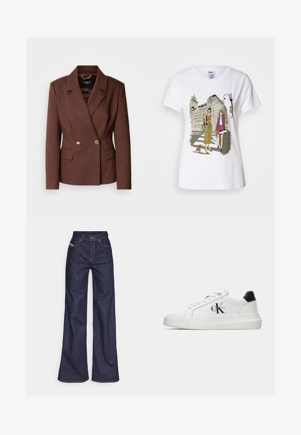 Brauner doppelt knöpfbarer Blazer mit zwei goldenen Knöpfen, Reverskragen und seitlichen Taschen. Hergestellt aus glattem Stoff mit strukturierter Passform.; Weißes Baumwoll-T-Shirt mit einem bedruckten Motiv, das zwei Frauen in urbanen Modestilen zeigt, die mit einem Hund auf einem Zebrastreifen stehen, mit Stadtgebäuden im Hintergrund.; Dunkelblaue weite Jeans aus Denimstoff mit hoher Taille, ausgestattet mit orangefarbenen Nähten, fünf Taschen und einem Knopfverschluss.; Weiße Low-Top-Sneaker mit schwarzem Fersenpatch, Plateau-Sohle, Schnürsenkeln und Calvin Klein "CK"-Logo an der Seite.