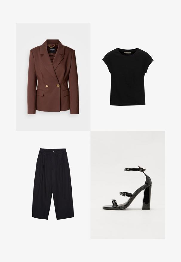 Rjav dvojniki blazer z dvema zlatima gumboma, zarezano ovratnikom in stranskimi žepi. Narejen iz gladkega materiala z strukturiranim fitom.; Črna kratka majica s kratkimi rokavi, narejena iz mehke tkanine, z okroglim izrezom in sproščenim krojem, z gladko teksturo in brez vzorcev.; Črne poliesterske culotte hlače z elastičnim pasom, dvema sprednjima nabiranjema in ohlapnim krojem. Brez vidnih vzorcev ali kovinskih detajlov.; Črne lakirane sandale s peto, kvadratnim prstom, trakovi okrog gležnja in srebrnimi zaponkami. Opremljene so s stabilno Debelo peto.