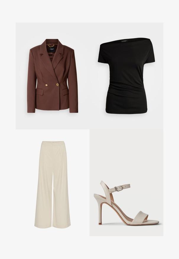 Brown double-breasted blazer with two gold buttons, notched lapels, and side pockets. Made from smooth fabric with a structured fit.; Black off-the-shoulder top made of smooth fabric. Features short sleeves, a fitted body, and ruching on one side for added detail.; Wide-leg trousers in a light beige fabric, featuring pleats, a high waist, and a smooth texture with no visible embellishments.; Beige high-heeled sandal with a smooth leather finish, open toe, wide front strap, and an adjustable ankle strap with metal buckle.