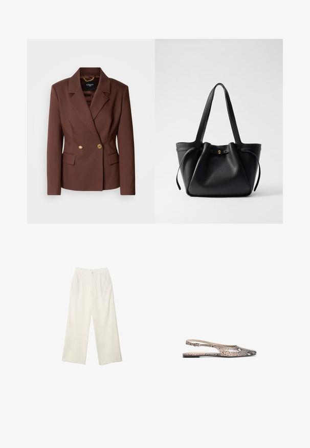 Rjav dvojniki blazer z dvema zlatima gumboma, zarezano ovratnikom in stranskimi žepi. Narejen iz gladkega materiala z strukturiranim fitom.; Bela majica s kratkimi rokavi, okroglo izrezana, mehka bombažna mešanica, sproščen kroj, brezšivna rob, minimalističen dizajn brez okrasnih elementov.; Hlače širokih nogavic iz kremaste tkanine z gladko teksturo, z enim sprednjim gumbom, diskretnimi plisami in visokim pasom.; Slingback balerinke z vzorcem kače v odtenkih bež in črne, s koničastim nosom in tankim gležnjarjem.; Črna usnjena torba s dolgima ročajema, z nabranim vrhom in zlatim okroglim dodatkom. Gladka tekstura s minimalističnim oblikovanjem.