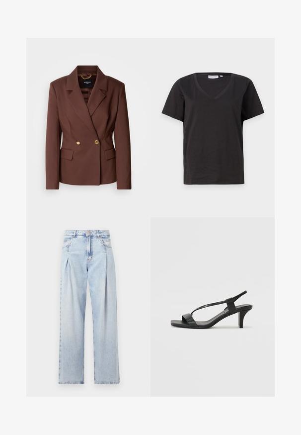 Barna, kétsoros blézer, két arany gombbal, csücskös hajtókával és oldalsó zsebekkel. Simább anyagból készült, strukturált szabással.; Fekete pamut póló V-nyakkal és rövid ujjakkal. Egyszerű dizájn, normál fazon, minta vagy díszítés nélkül.; Világoskék farmernadrág magas derekú, bő szabású, két oldalsó zsebbel és pliszírozott dizájnnal. Puha tapintású, elhalványított felület.; Fekete magassarkú szandál vékony pántos kialakítással, négyzetes orral és közepes magasságú tömbsarkakkal. Sima bőrből készült, matt felülettel.