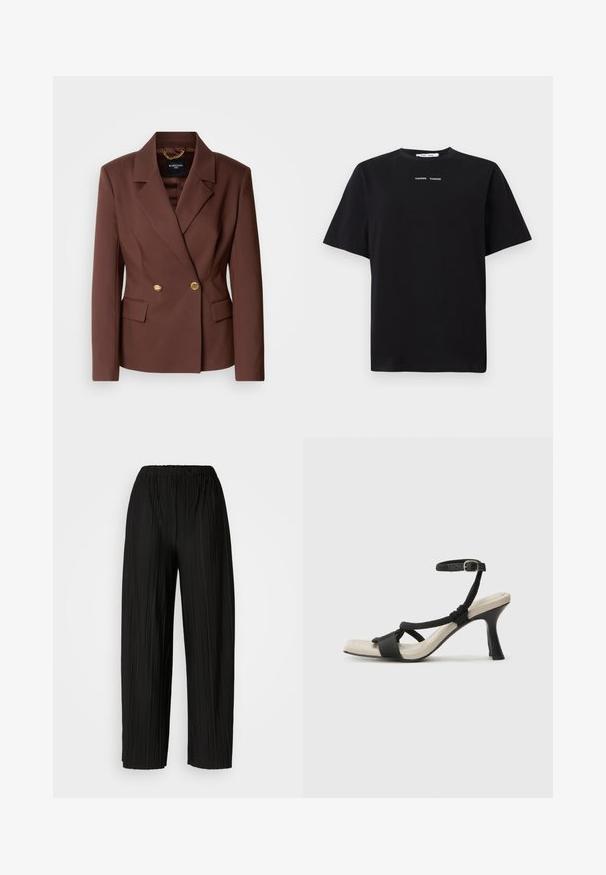Brun dobbelspent blazer med to gullknapper, spisse slag og sidelommer. Laget av glatt stoff med en strukturert passform.; Svart kortermet t-skjorte laget av bomull, med rund hals og to små hvite logoer sentrert på forsiden. Glatt tekstur.; Svart, pregede bukser med løs midje som har bred benvidde. Stoffet har vertikale folder og en glatt tekstur.; Sorte helårs sandaler med flettet stroppesdesign, firkantet tå og justerbar ankelrem. Lys beige fotseng med glanset svart hæl.