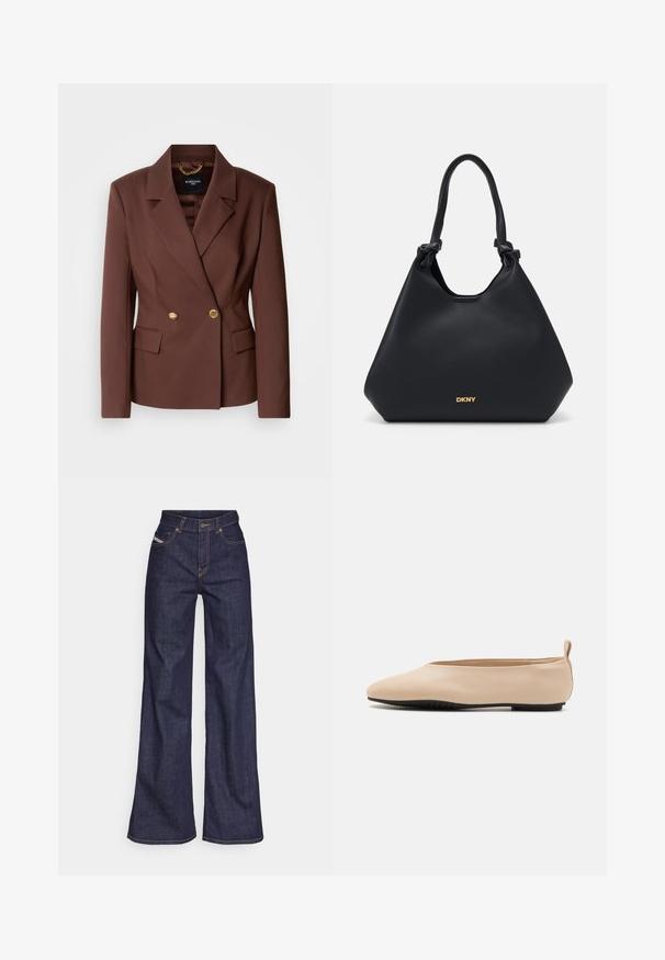 Hnědý dvouřadý blejzr se dvěma zlatými knoflíky, klopami a bočními kapsami. Vyrobený z hladké tkaniny s pevným střihem.; Bílý krátký rukáv tričko vyrobené z bavlny. Má kulatý výstřih a hladkou texturu, s minimálním viditelným švem na lemu.; Tmavě modré džíny s širokým střihem vyrobené z denimové tkaniny, s vysokým pasem, oranžovým prošíváním, pěti kapsami a zapínáním na knoflík.; Béžové kožené baleríny s nízkým profilem, kulatou špičkou a černou gumovou podrážkou, s malým zadním poutkem pro snadnější obouvání.; Černá kožená tote taška s texturovaným povrchem, s uzlíkovými detaily na uchu a zlatým logem na spodní části. Disponuje uvolněným siluetou.