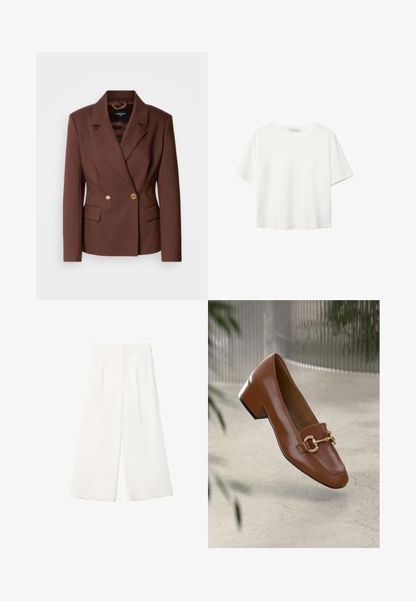 Brązowa marynarka dwurzędowa z dwoma złotymi guzikami, klapami i bocznymi kieszeniami. Wykonana z gładkiego materiału o dopasowanym kroju.; Biała koszulka z krótkim rękawem, wykonana z bawełny. Posiada okrągły dekolt i luźny krój. Gładka faktura bez widocznych wzorów czy akcentów.; Białe spodnie o szerokich nogawkach, wykonane z gładkiego materiału. Posiadają płaski pas i pionowe zaszewki dla dodatkowego szczegółu.; Brązowe lakierowane mokasyny z kwadratowym noskiem, metalowym łańcuszkiem i niskim blokowym obcasem; gładka faktura, minimalistyczny design.