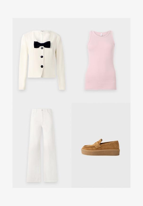 Cream blazer with a deep V-neck, featuring a textured black bow tie and four black buttons down the front. Long sleeves and a tailored fit.; Light pink tank top made of soft, stretchy fabric. Features a round neckline and narrow shoulder straps, with a smooth texture and fitted shape.; White, high-waisted wide-leg jeans made of denim. Features a button closure, two front pockets, and side seams with stitching details.; Brown suede loafer with a round toe, featuring a ribbed platform sole and a decorative strap across the upper.