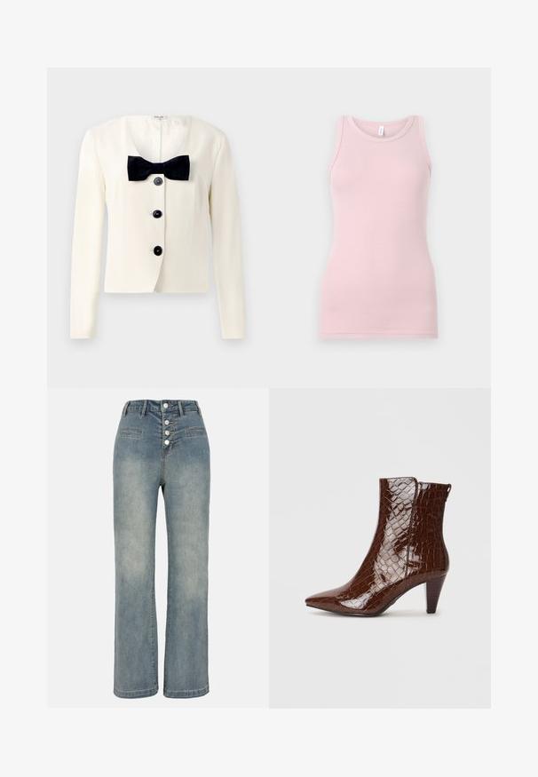 Kremowa marynarka z głębokim dekoltem w kształcie litery V, z teksturowanym czarnym krawatem w kształcie kokardy i czterema czarnymi guzikami z przodu. Długie rękawy i dopasowany krój.; Jasnoróżowy top na ramiączkach wykonany z miękkiego, elastycznego materiału. Posiada okrągły dekolt i wąskie ramiączka, a także gładką teksturę i dopasowany krój.; Jasnoniebieskie dżinsowe spodnie typu wide-leg z wysokim stanem, pięcioma guzikami z przodu i dwiema kieszeniami. Gładka tekstura z delikatnym wyblaknięciem.; Brązowe botki z ekologicznej skóry, z zaostrzonym noskiem, fakturą przypominającą skórę krokodyla oraz pięciocentymetrowym, warstwowym obcasem. Z boku znajduje się zapięcie bez widocznych elementów metalowych.