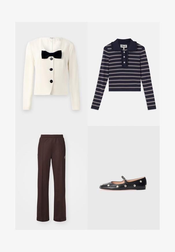 Kreem värvi bleiser sügava V-kaelusega, musta tekstuuriga lipsuga ja nelja musta nupuga ees. Pikad varrukad ja vormitud lõige.; Tumedast pikkade varrukatega särk roosa horisontaalsete triipudega, volangkaelus ja ees kolmes nupuga lukuga; valmistatud pehmest ja venivast materjalist.; Kohvilised spordipüksid elastse vöökohtaga, kahe külgmise taskuga ja väikese logoga vasakul küljel, valmistatud pehmest kangast.; Must naar mustast valmistatud Mary Jane lamedad jalanõud, ümarate varvastega, hõbedaste ümmarguste nupukestega ja reguleeritava rihmaga, millel on klamber.