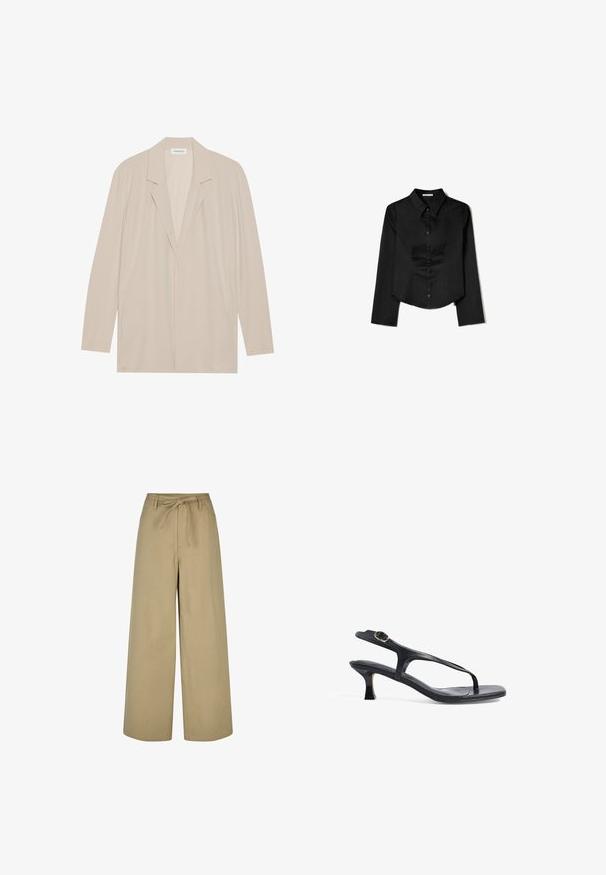 Bež blazer na zapenjanje, izdelan iz lahkotnega materiala. Ima dolge rokave, zarezan ovratnik in stranske žepe. Gladka tekstura, minimalističen dizajn.; Črna srajca dolgimi rokavi, izdelana iz gladkega materiala, z ostrim ovratnikom, sprednjim gumbom in krajšo obrobo z stranskimi razpoki.; Beige široke hlače z visokim pasom, vrvico za zavezovanje in dvema stranskima žepoma, narejene iz gladkega, lahkega materiala.; Črne usnjene sandale z ozkim dizajnom, tankimi trakovi in majhno peto. Imajo poudarek na sponki in gladko teksturirano podplato.