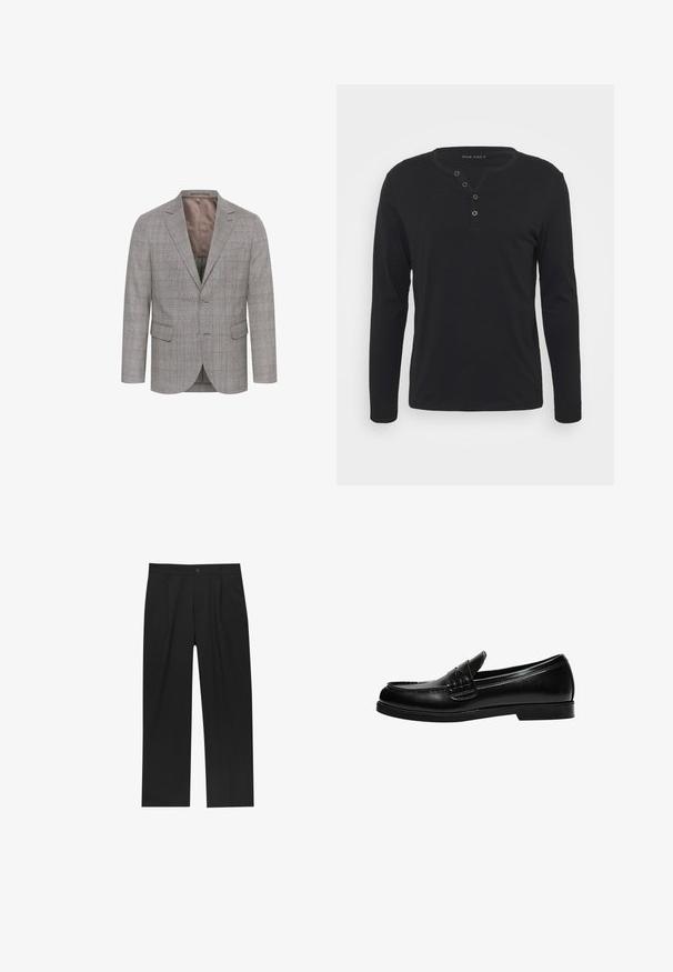 Sivi karo s karirama s dva dugmeta, s replikama i dva prednja džepa. Ima glatku podstavu i teksturiranu vunu.; Crna duža majica s dugim rukavima, izrađena od mekog materijala, s dugmadi na plavoj, okruglim izrezom i prilagođenim rukavima.; Crne hlače ravnog kroja, izrađene od glatkog materijala. Imaju prednje nabore i jedan dugme na struku.; Crna kožna loafer cipela s glatkom površinom, koja ima šavnu obradu na gornjem dijelu i nisku, čvrstu crnu gumenu podlogu.
