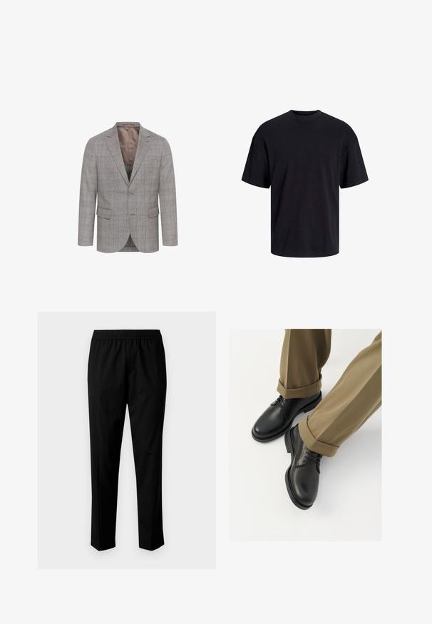 Pilkas langeliais švarkas su dviem mygtukais, iškirptais atlapais ir dviem priekinėmis kišenėmis. Savybės: sklandus vidinis pamušalas ir tekstūruotas vilnos mišinys išorėje.; Juodas medvilninis marškinėlis su apvaliu iškirpimu, trumpomis rankovėmis ir laisvu siluetu. Glotni tekstūra, be matomų raštų ar akcentų.; Juodi kelnės su elastingu juosmeniu, turinčios tiesaus kirpimo dizainą. Audinys atrodo lygus su matinėmis tekstūromis, be matomų raštų.; Juodi odiniai bateliai su lygia apdaila, turintys raištelius ir apvalų pirštą, derinami su sukrautais chaki kelnais.