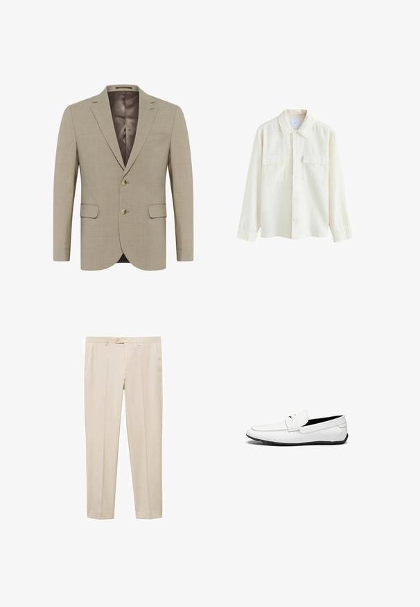 béžový blazer s texturovanou tkaninou, s jedním řadovým zapínáním, dvěma předními kapsami a dvěma knoflíky. Podšívka v tmavším odstínu.; Krémová košile s knoflíky vyrobená z texturované látky, s límečkem, dvěma náprsními kapsami a dlouhými rukávy s knoflíkovými manžetami.; Krémové kalhoty na míru se rovnými nohavicemi, s jedním knoflíkem na zapínání v pase, dvěma bočními kapsami a hladkým předním designem.; Bílé kožené loafers s hladkým povrchem, se šitím po obvodu, kulatou špičkou a černou gumovou podrážkou pro lepší přilnavost.