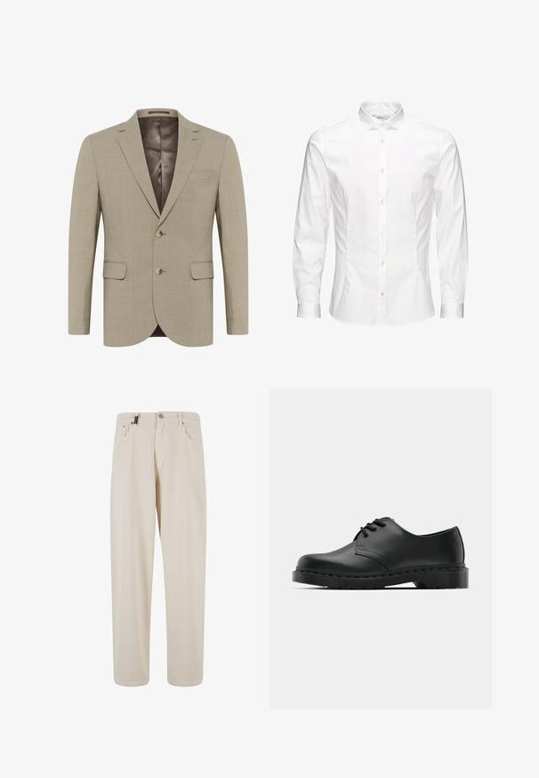 Beige blézer texturált anyagból, egysoros fazon, két elülső zsebbel és két gombbal. Sötétebb árnyalatú béléssel.; Fehér, hosszú ujjú, gombos ing, sima anyagból készült. Klasszikus nyakkal, elöl gombokkal és egy gombos mandzsettával rendelkezik. Slim fit fazon.; Bézs színű pamut nadrág egyenes szárú szabással, elülső zsebekkel és gombos záródással. Simaszerű textúra minimális részletezéssel.; Fekete bőr oxford cipő fűzős kialakítással, kerek orral, lapos gumitalppal és finom varrással a felső részen.