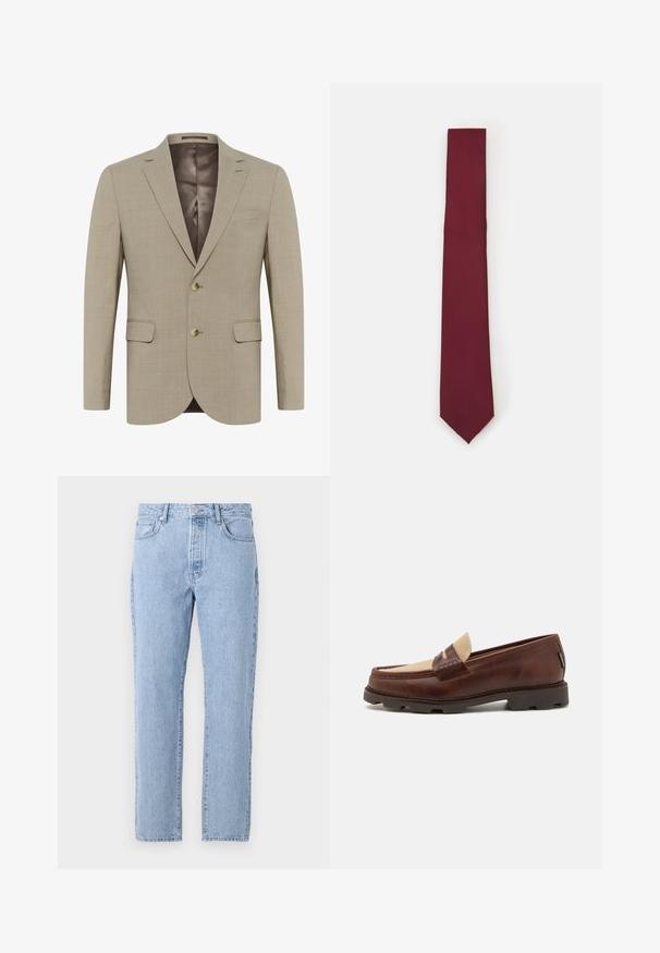 Beige blézer texturált anyagból, egysoros fazon, két elülső zsebbel és két gombbal. Sötétebb árnyalatú béléssel.; Fehér, hosszú ujjú, gombos ing, sima anyagból készült. Klasszikus nyakkal, elöl gombokkal és egy gombos mandzsettával rendelkezik. Slim fit fazon.; Világoskék denim farmernadrág, egyenes szárakkal, öt zsebbel és gombos zárással. Puha tapintású, klasszikus, megfakult megjelenéssel.; Barna bőr loafer cipők taupe vászon díszítéssel, varrott részletekkel és texturált gumi talppal, amely a kényelemről és tartósságról gondoskodik.; Burgundi selyem nyakkendő, keskeny forma, egységes textúrával. Hegyes csúccsal, folyamatos színnel és sima felülettel rendelkezik.
