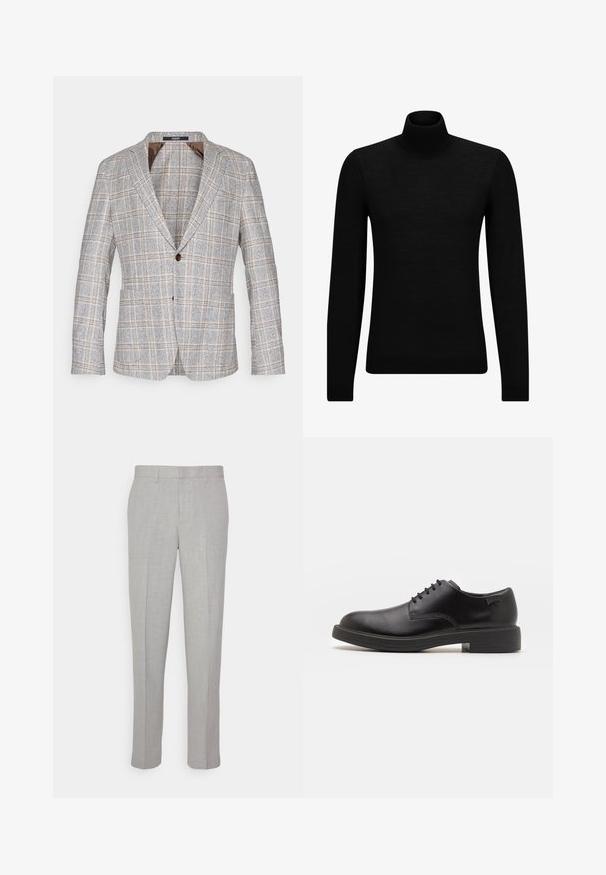 Geruiten blazer in lichtgrijs met bruine accenten, gemaakt van textiel met structuur, met een enkele knoopsluiting en gelabelde revers.; Zwarte coltrui van zacht materiaal, met lange mouwen en een snug fit. Geribbelde afwerking aan de onderkant en mouwen. Eenvoudig ontwerp.; Lichtgrijze broek met een gladde textuur, platte voorkant en rechte pijpen. Gemaakt van ademend materiaal, met interne zakken en riemlussen.; Zwarte leren veterschoen met een ronde neus, een gladde textuur, minimale stiksels en een lage rubberen hak. Logo op de hak.