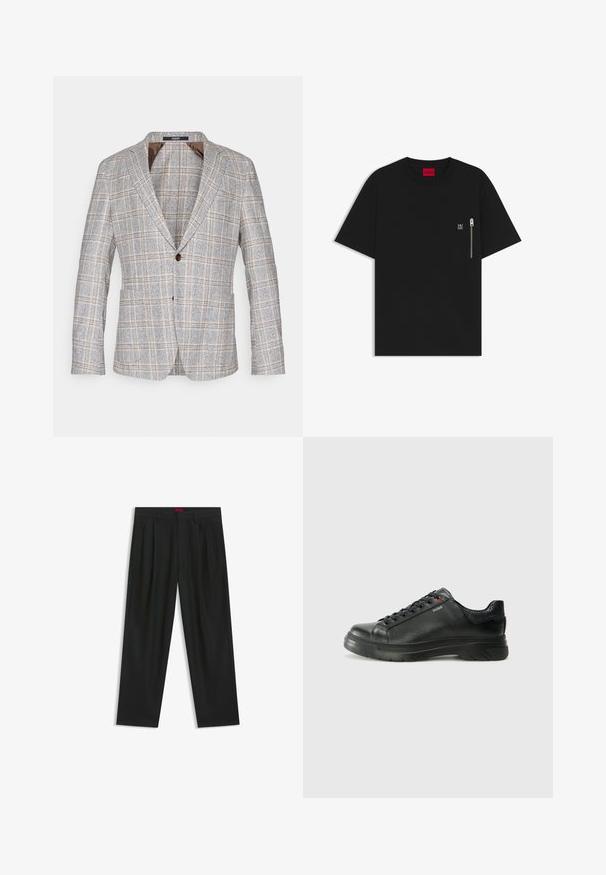 Blazer a quadri in grigio chiaro con dettagli marroni, realizzato in tessuto testurizzato, con chiusura a un bottone e rever a punta.; T-shirt nera in cotone, con collo rotondo, maniche corte e taschino sul petto con dettaglio della cerniera argentata. Piccolo logo sulla tasca.; Pantaloni neri con un design plissè, forma a gamba larga e texture liscia. Presentano un'etichetta rossa in vita.; Sneaker nera in pelle con superficie testurizzata, collo imbottito e dettaglio logo rosso. Presenta una suola in gomma spessa con un motivo di battistrada distintivo.