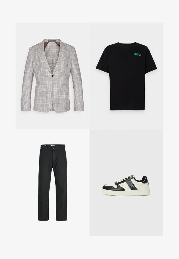 Blazer à carreaux gris clair avec des accents marron, fabriqué à partir d'un tissu texturé, doté d'une fermeture à un bouton et de revers crantés.; T-shirt noir en coton à manches courtes. Présente un logo "ROOTS" vert sur le devant, un col rond et une coupe standard.; Pantalons noirs en tissu durable, présentant un design à jambe droite, des accents cousus et deux poches avant pour la fonctionnalité.; Baskets en cuir avec un schéma de couleurs noir et crème, dotées d'accents perforés, d'un col rembourré et d'une semelle texturée.