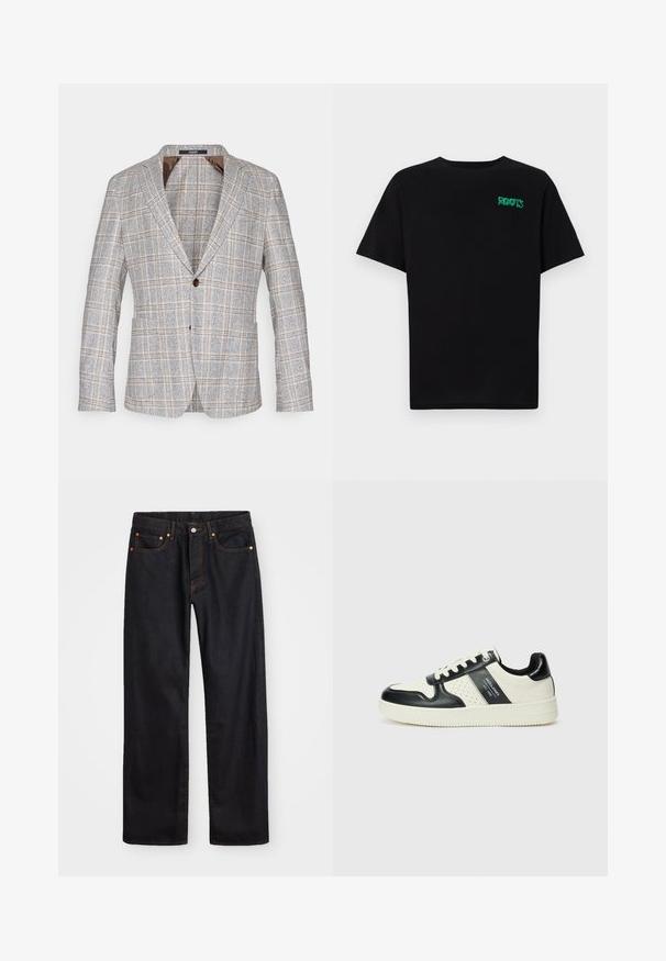 Blazer a quadri in grigio chiaro con dettagli marroni, realizzato in tessuto testurizzato, con chiusura a un bottone e rever a punta.; T-shirt nera in cotone con maniche corte. Presenta un logo verde "ROOTS" sulla parte frontale, colletto rotondo e vestibilità standard.; Jeans neri in denim dritto da uomo con cinque tasche e cuciture arancioni, chiusura con bottone e zip sulla vita anteriore.; Sneakers in pelle con una combinazione di colori nero e crema, dotati di dettagli perforati, collare imbottito e suola testurizzata.