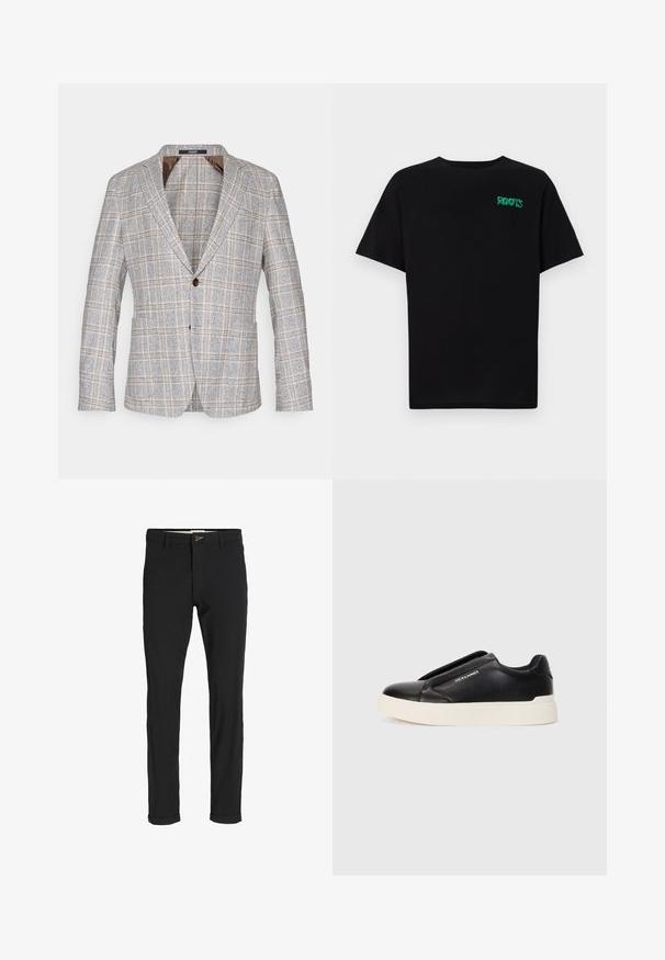 Karierter Blazer in Hellgrau mit braunen Akzenten, aus strukturiertem Stoff gefertigt, mit einem Ein-Knopf-Verschluss und Reverskragen.; Schwarzes T-Shirt aus Baumwolle mit kurzen Ärmeln. Auf der Vorderseite befindet sich ein grünes "ROOTS"-Logo, es hat einen runden Halsauschnitt und eine normale Passform.; Schwarze Baumwollmischungshose mit schmalem Schnitt, gekennzeichnet durch einen Knopfverschluss, Taschen und umgeschlagenen Säumen für einen lässigen Abschluss.; Schwarzer Schlupfschuh aus strukturiertem Lederobermaterial, mit weißer Gummisohle und ohne sichtbare Schnürsenkel. Mit Markenlogo an der Seite.