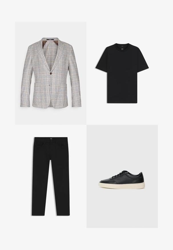 Plaid blazer in light gray with brown accents, made from textured fabric, featuring a single button closure and notched lapels.; Black short-sleeve T-shirt made from a smooth cotton blend, featuring a crew neckline and a minimalistic design with no patterns or accents.; Black denim trousers with a straight cut, featuring a standard waistband, five pockets, and a button closure. Smooth texture throughout.; Black low-top leather sneaker with black laces and off-white sole shown in side profile on white background.