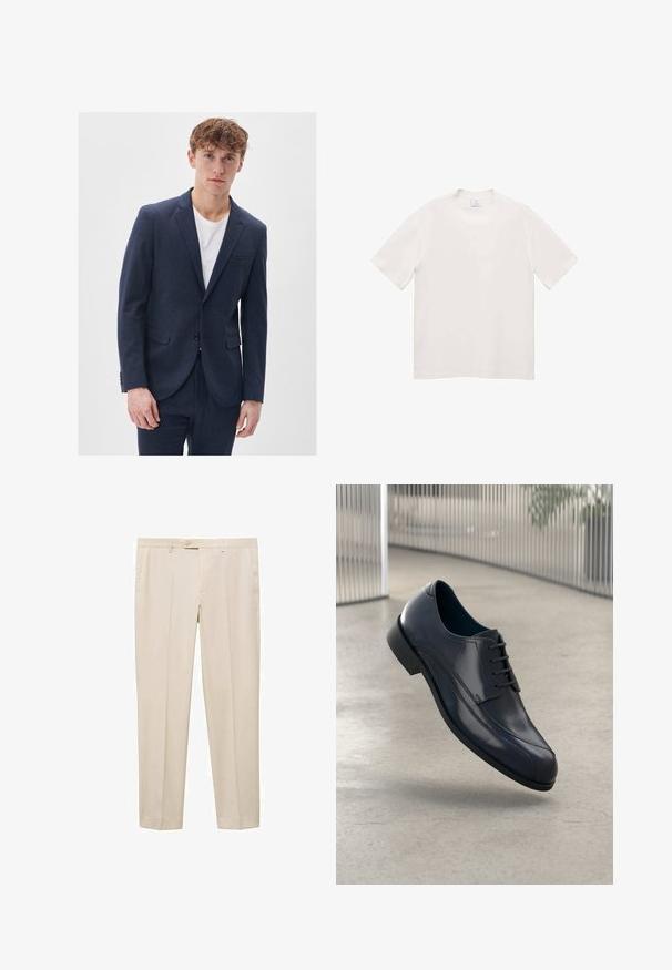 Sako z vlněného materiálu navy modré barvy s klopami, dvěma předními kapsami, jedním knoflíkovým zapínáním a texturovaným akcentem.; Bílý krátký rukáv tričko vyrobené z měkké tkaniny. Kulatý výstřih, rovný střih, žádné viditelné vzory ani hardwarové detaily.; Krémové kalhoty na míru se rovnými nohavicemi, s jedním knoflíkem na zapínání v pase, dvěma bočními kapsami a hladkým předním designem.; Lesklá černá kožená společenská obuv s tkaničkami, plovoucí nad hladkým, světle šedým podlahovým povrchem a s vertikálními kovovými pruty v pozadí.