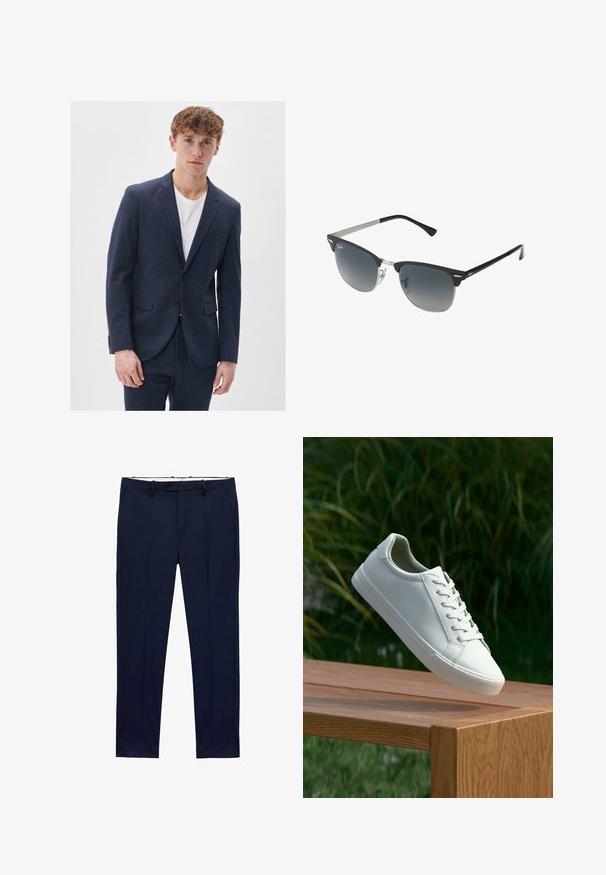 Temno modra suknja iz volnenega mešanega materiala z notčnimi reverji, dvema sprednjima žepoma, zapiranjem na en gumb in poudarkom iz teksturiranega materiala.; Bele kratke majice s kratkimi rokavi, zložene, narejene iz bombaža. Imajo okroglo ovratnico in raven kroj. Tkanina se zdi gladka brez vzorcev.; Temno modri hlače s ožjim krojem in vzorcem črt. Zasnovane so z zadrgo, pasnimi zankami in sprednjimi žepi. Gladek teksturiran material.; Beli vezani športni čevlji, ki lebde nad leseno klopjo z zelenim rastlinjem v ozadju, prikazujejo obliko in teksturo čevlja.; Črne in srebrne sončna očala v obliki mačjih oči, z gradientnimi lečami in kovinskimi dodatki na okvirju. Plastične ročke s sivimi konicami.