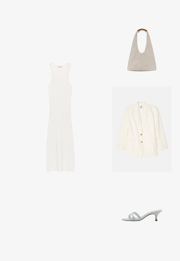 Béžový blazer z textúrovanej látky, s jednoradovým zapínaním, dvoma prednými vreckami a zlatými gombíkmi.; Biela, bezrukávová, rebrovaná pletená šaty s obopínajúcou siluetou, dosahujúce pod kolená. Jednoduchý a minimalistický dizajn, bez vzorov alebo kovových doplnkov.; Svetlo šedé sandále na podpätku s tromi krížovými popruhmi, štíhlym profilom a zužujúcim sa podpätkom. Hladká textura s mierne lesklým povrchom.; Svetlosivá kožená taška s U-tvarom a zakrivenou kovovou rukoväťou. Hladký povrch s minimálnym prešívaním a bez viditeľných vzorov.