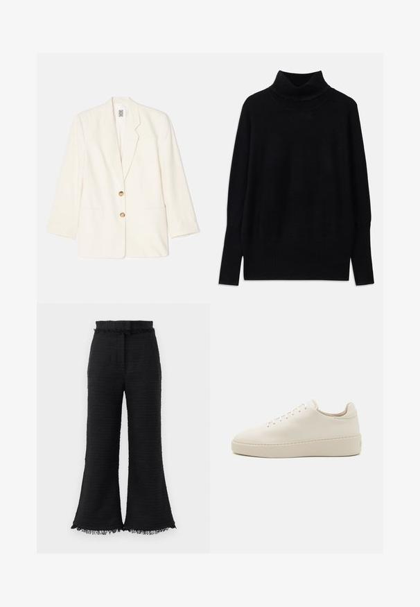 Krēmkrāsas žakete, izgatavota no strukturēta auduma, ar vienībresta dizainu, divām priekšējām kabatām un zeltainiem pogām.; Melnas turtlenecka formas džemperis, izgatavots no mīksta auduma, ar ribotām akcentiem apkaklē un piedurkņu galos, ar brīvu piegriezumu un sānu spraugām.; Melni plaša piegriezuma bikses ar teksturētu audumu, saplēstu maliņu un elastīgu jostu. Dizainā ir gluda apdare un brīva piegriezuma forma.; Balti ādas tenisa apavi ar noapaļotu purngalu, tonālu šņorēšanu un biezu platformas zoli. Minimalistisks dizains ar gludu tekstūru un bez redzamas zīmolu identifikācijas.