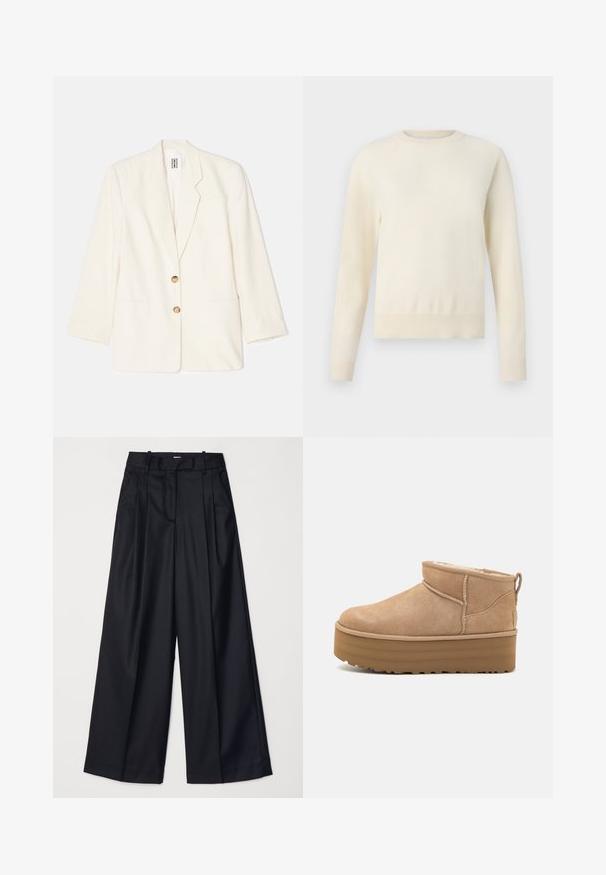 Krèmefarvet blazer lavet af tekstureret stof, med enkeltradet design, to forlommer og guldtonede knapper.; Lys cremefarvet sweater med lange ærmer, rund halsudskæring og ribbenet kant. Lavet af et blødt materiale med en glat tekstur.; Sorte breddebenede bukser lavet af glat stof, med høj talje, læg og skræddersyet design. Enkel sort hardware i talje.; Beige ruskinds ankelstøvler med et blødt indre, der har en platformssål og en strop bagpå for nem påtagning. Tekstureret gummisål.