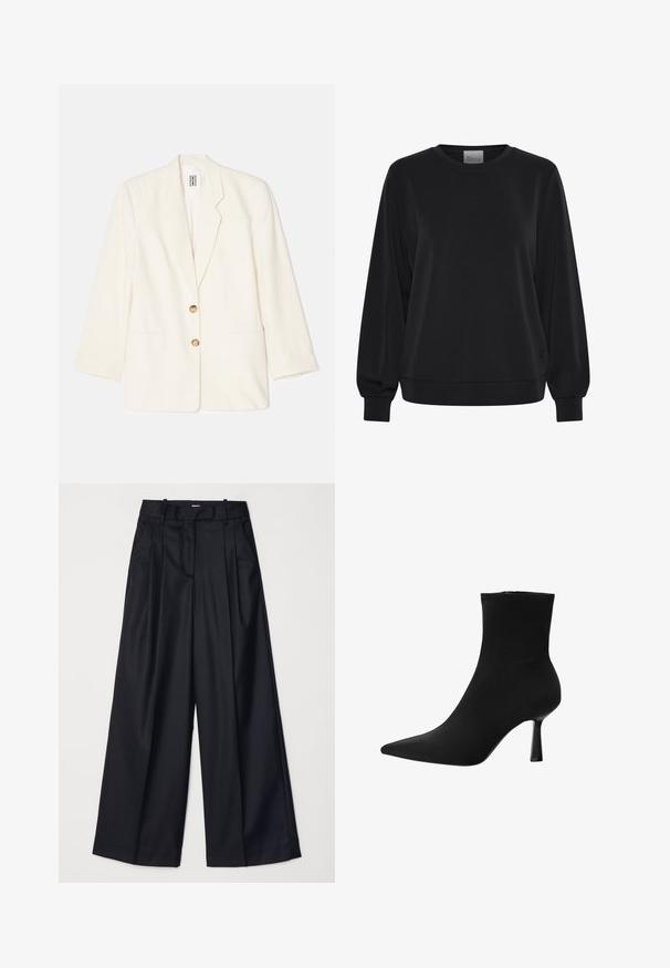 Crème-kleurige blazer gemaakt van gestructureerde stof, met een eenknopsontwerp, twee voorkruiszakken en gouden knopen.; Zwarte sweatshirts met lange mouwen, ronde hals en geribde manchetten. Kenmerkt zich door een gladde textuur en een subtiel logo detail aan de voorkant.; Zwarte wijde broek van soepel materiaal, met een hoge taille, plooien en een getailleerd ontwerp. Eenvoudige zwarte details bij de taille.; Zwarte enkelboot gemaakt van gladde stof, met een spitse neus en een slanke stilettohak, met een naadloos ontwerp en zonder zichtbare hardware.