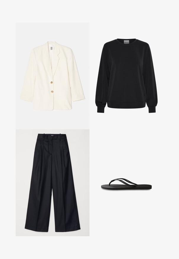 Cremefarbener Blazer aus strukturiertem Stoff, mit einem einreihigen Design, zwei vorderen Taschen und goldfarbenen Knöpfen.; Schwarzer Pullover mit langen Ärmeln, Rundhalsausschnitt und gerippten Bündchen. Hat eine glatte Textur und ein dezentes Logodetail auf der Vorderseite.; Schwarze weit geschnittene Hosen aus glattem Stoff, mit hoher Taille, Falten und einer taillierten Passform. Einfaches schwarzes Zubehör an der Taille.; Schwarze Flip-Flops mit einer strukturierten Gummisohle, zwei schlanken Riemen und einem dezenten, geprägten Logo-Detail auf dem Riemen.