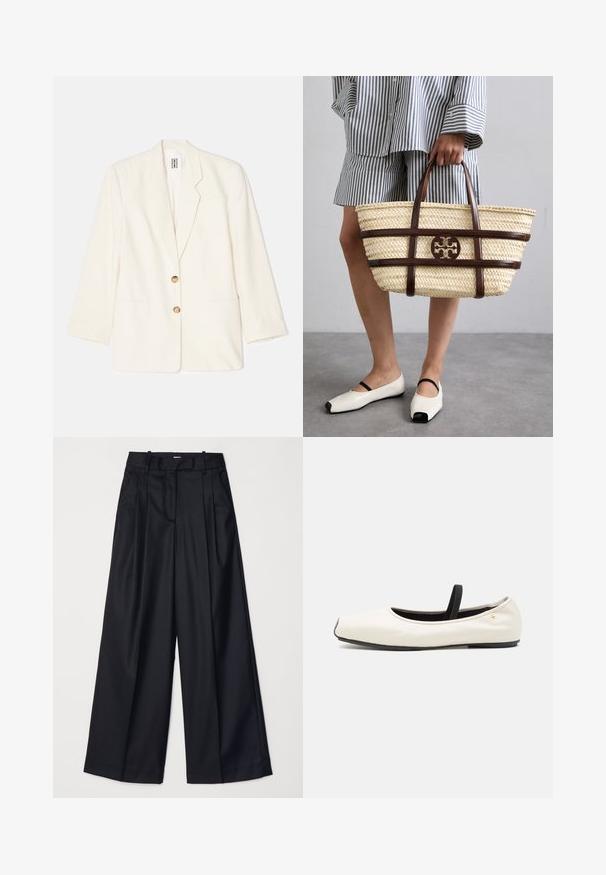 Krèmefarvet blazer lavet af tekstureret stof, med enkeltradet design, to forlommer og guldtonede knapper.; Skjorte med knapper i blå og hvide striber. Har en klassisk krave, lange ærmer, en brystlomme og knapmanchetter.; Sorte breddebenede bukser lavet af glat stof, med høj talje, læg og skræddersyet design. Enkel sort hardware i talje.; Flade ballet sko i hvid læder med rund tå, sort elastisk rem og lille gul emblem nær hælen. Blød tekstur og minimalistisk design.; Vævet strå tote taske med brune læderdetaljer og håndtag. Har et udskåret logo og kontrasterende vandrette bånd.