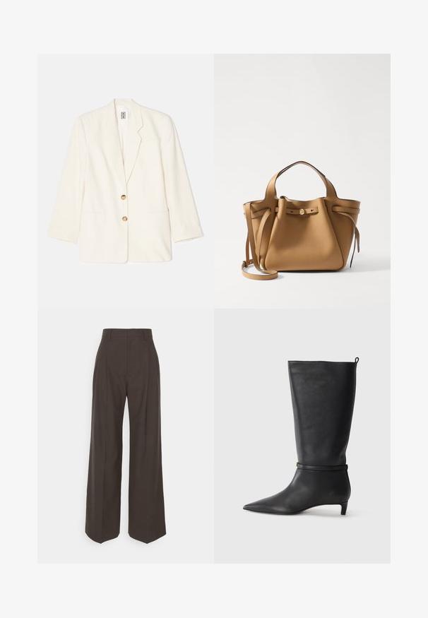 Krèmefarvet blazer lavet af tekstureret stof, med enkeltradet design, to forlommer og guldtonede knapper.; Hvid, stribet T-shirt med kortærmer og rund hals. Stoffet ser glat ud med en tætsiddende silhuet. Brandingmærke synligt ved kraven.; Mørkebrune brede bukser med høj talje, der har pænt pressede folder, glat overflade og en skræddersyet pasform.; Sorte læder knæhøje støvler med spidse tæer, fremhævet af et rundt bånd omkring anklen og en lav, tapered hæl. Glat tekstur.; Tory Burch ROMY PEBBLED SATCHEL - Håndtasker - tiramisu